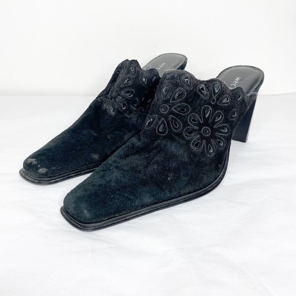 Vintage Wet Seal Square Toe Laser Cut Mules